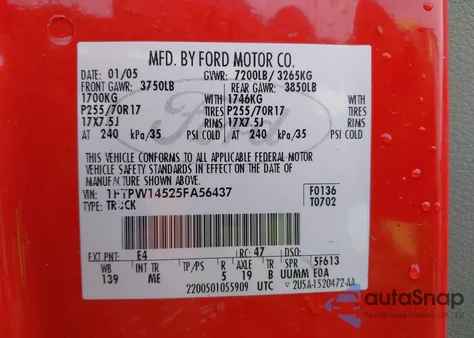 2005 Ford F-150 из США, поврежденный, VIN 1FTPW14525FA56437